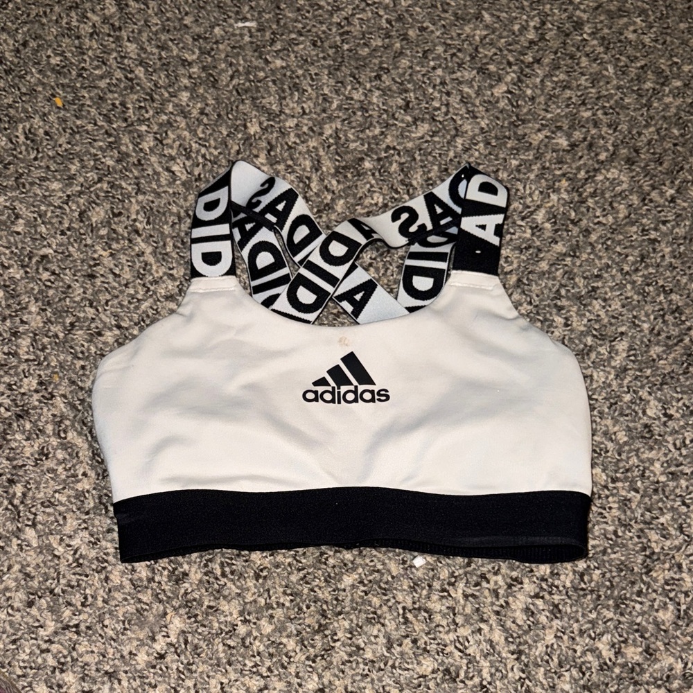 Adidas White Sports Bra with Black Logo and Straps